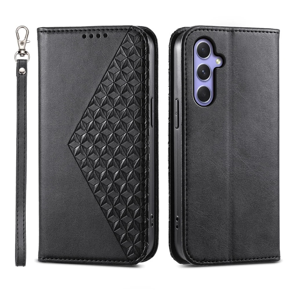 For Samsung Galaxy A55 5G Case Leather Phone Cover Wallet Rhombus Imprinted - Black - 1