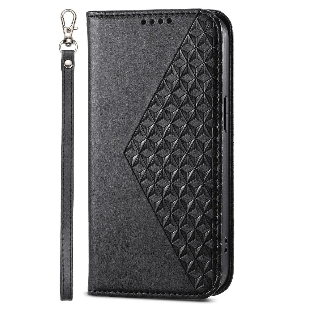 For Samsung Galaxy A55 5G Case Leather Phone Cover Wallet Rhombus Imprinted - Black - 3