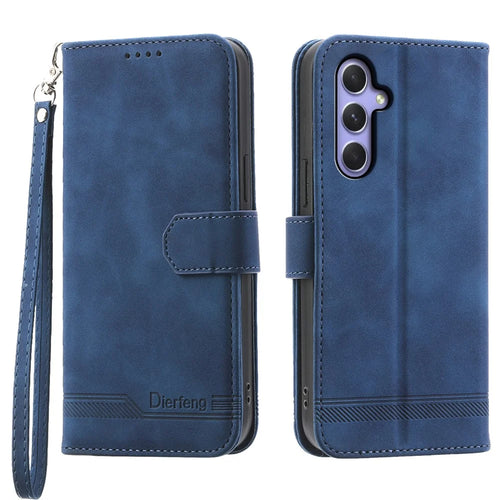 DIERFENG DF-03 for Samsung Galaxy A55 5G Leather Case Line Imprinted Wallet Cover - Blue - 1