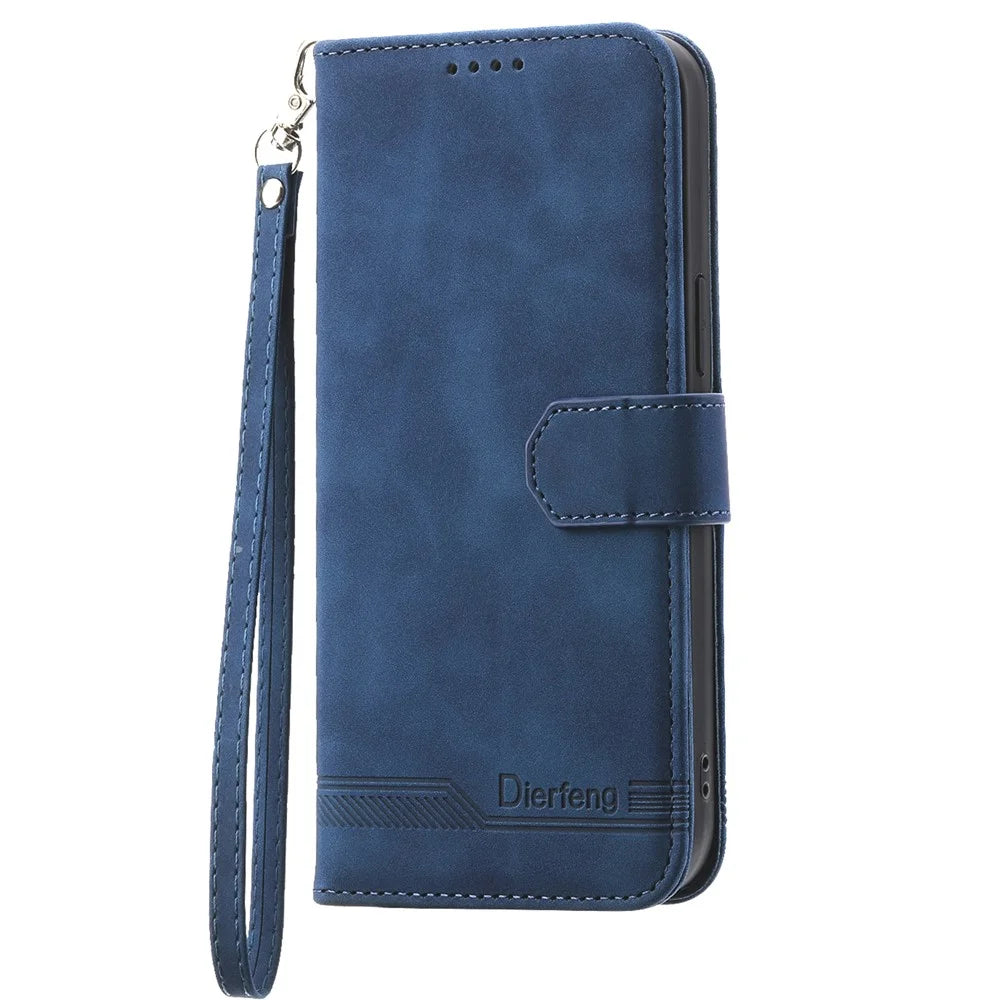 DIERFENG DF-03 for Samsung Galaxy A55 5G Leather Case Line Imprinted Wallet Cover - Blue - 5