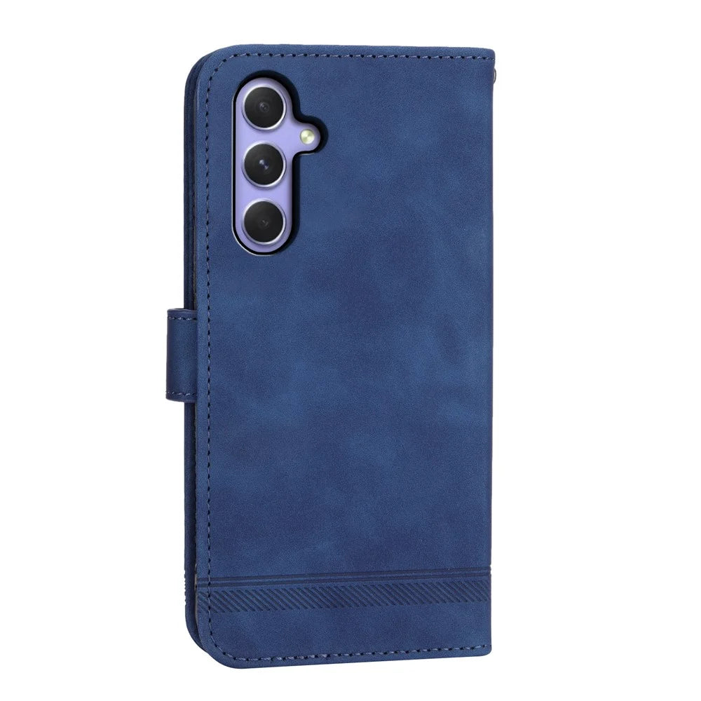 DIERFENG DF-03 for Samsung Galaxy A55 5G Leather Case Line Imprinted Wallet Cover - Blue - 6