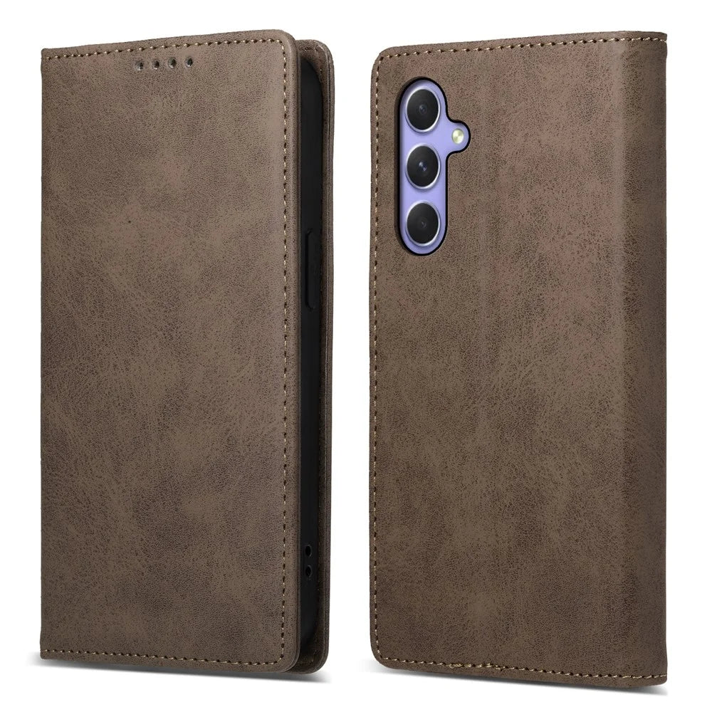DF-05 For Samsung Galaxy A55 5G Leather Phone Case RFID Blocking Wallet - Brown - 1