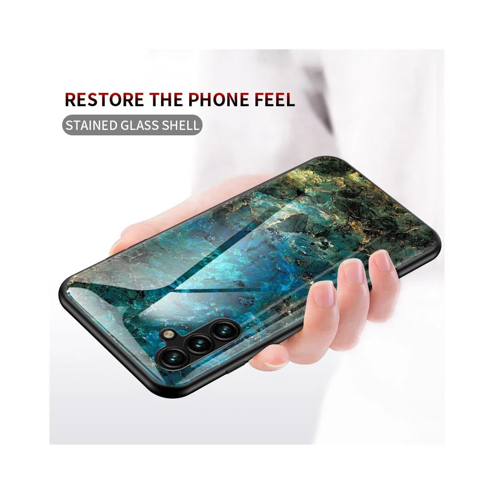 For Samsung Galaxy A35 5G Case Marble Pattern Tempered Glass+PC+TPU Cover - Emerald Marble - 2