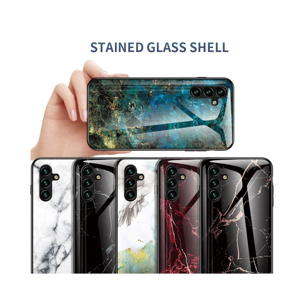 For Samsung Galaxy A35 5G Case Marble Pattern Tempered Glass+PC+TPU Cover - Emerald Marble - 6