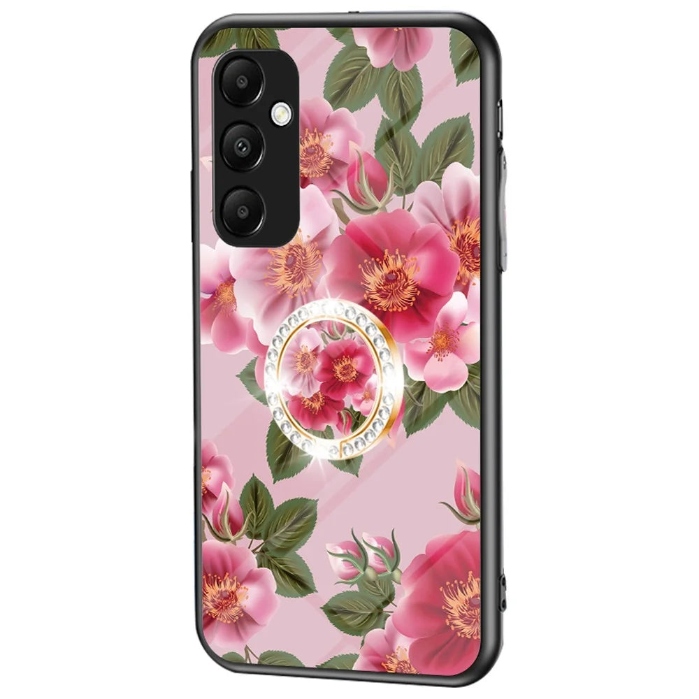 For Samsung Galaxy A35 5G Tempered Glass Case Ring Kickstand Phone Cover - Glamorous Peony - 1