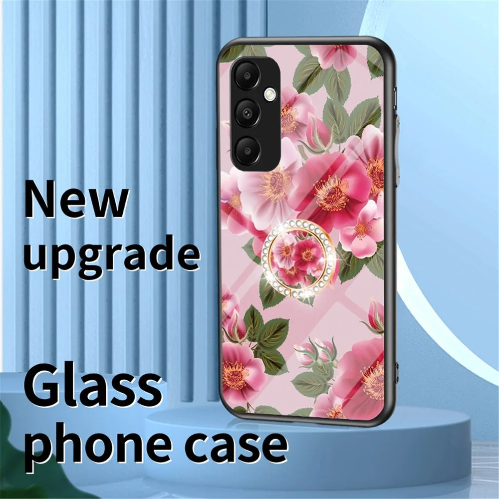 For Samsung Galaxy A35 5G Tempered Glass Case Ring Kickstand Phone Cover - Glamorous Peony - 2
