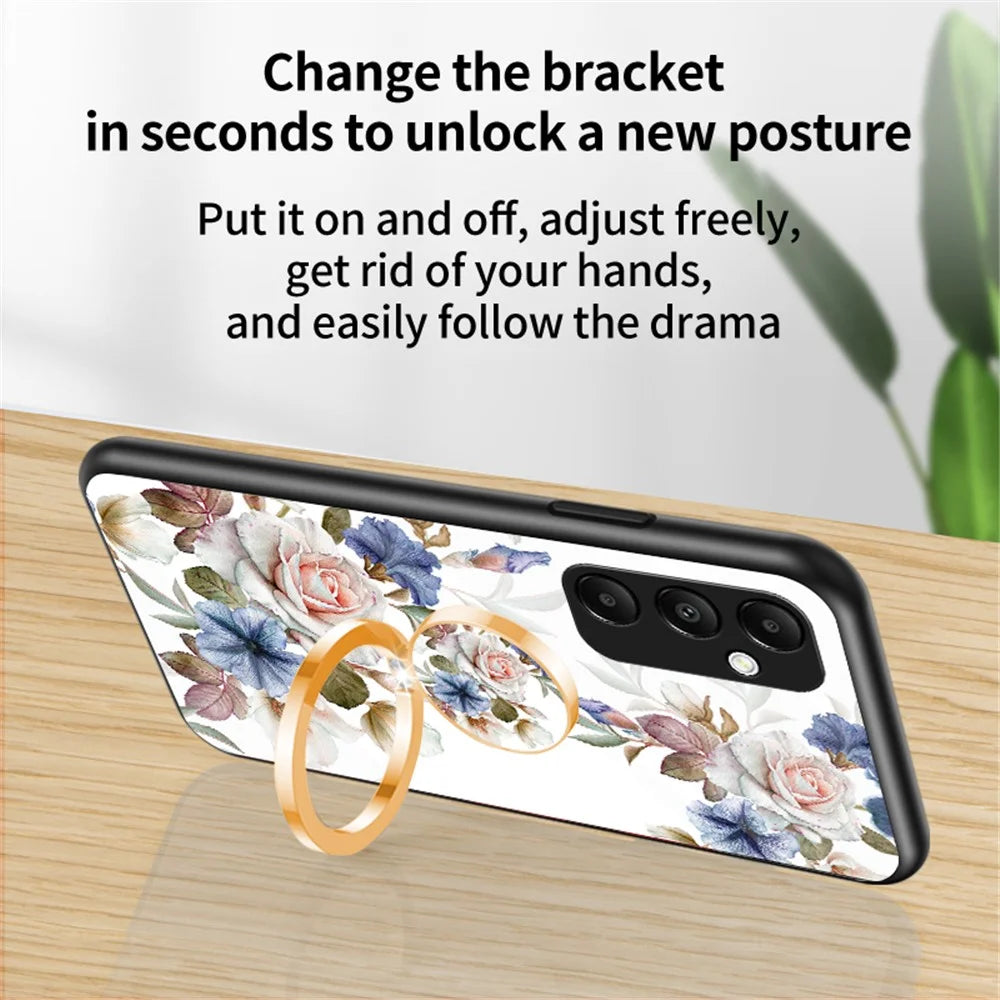 For Samsung Galaxy A35 5G Tempered Glass Case Ring Kickstand Phone Cover - Glamorous Peony - 4