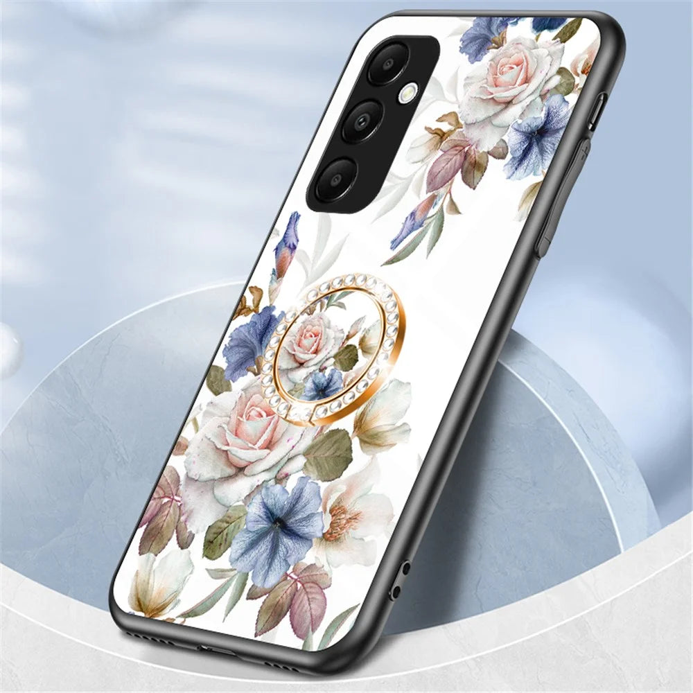 For Samsung Galaxy A35 5G Tempered Glass Case Ring Kickstand Phone Cover - Glamorous Peony - 6