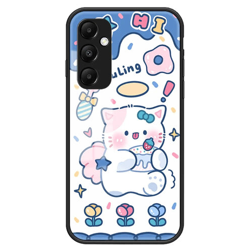 For Samsung Galaxy A55 5G Tempered Glass+PC+TPU Case Cartoon Pattern Phone Cover - Angel Cat - 1