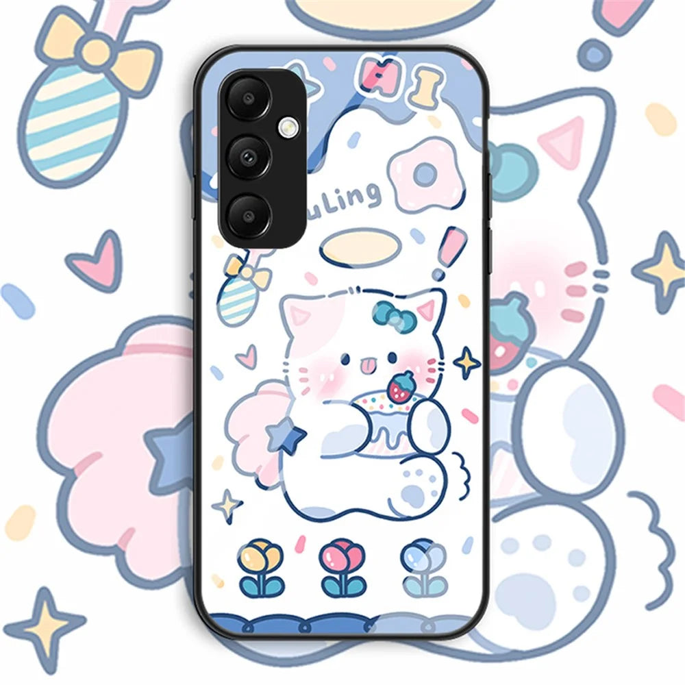 For Samsung Galaxy A55 5G Tempered Glass+PC+TPU Case Cartoon Pattern Phone Cover - Angel Cat - 2