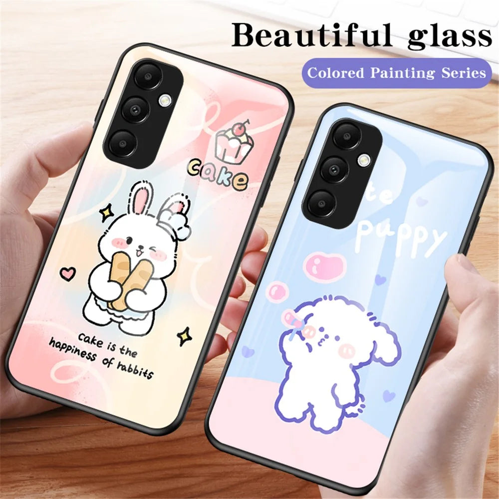 For Samsung Galaxy A55 5G Tempered Glass+PC+TPU Case Cartoon Pattern Phone Cover - Angel Cat - 5