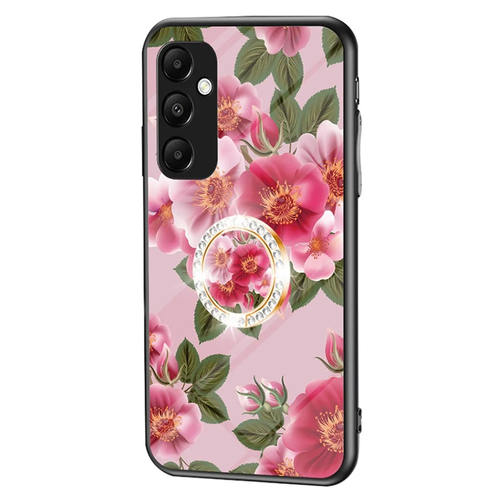 For Samsung Galaxy A55 5G Kickstand Case Flower Pattern Tempered Glass Cover - Glamorous Peony - 1