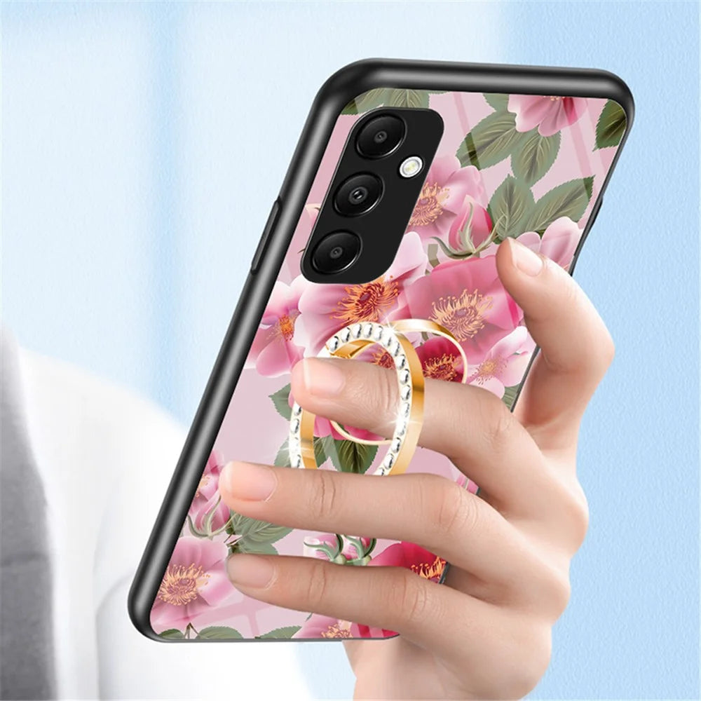 For Samsung Galaxy A55 5G Kickstand Case Flower Pattern Tempered Glass Cover - Glamorous Peony - 2