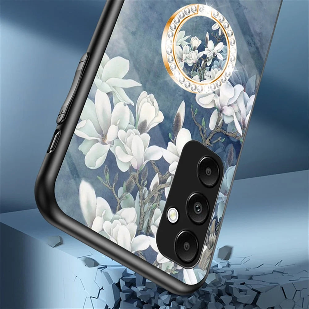 For Samsung Galaxy A55 5G Kickstand Case Flower Pattern Tempered Glass Cover - Glamorous Peony - 5