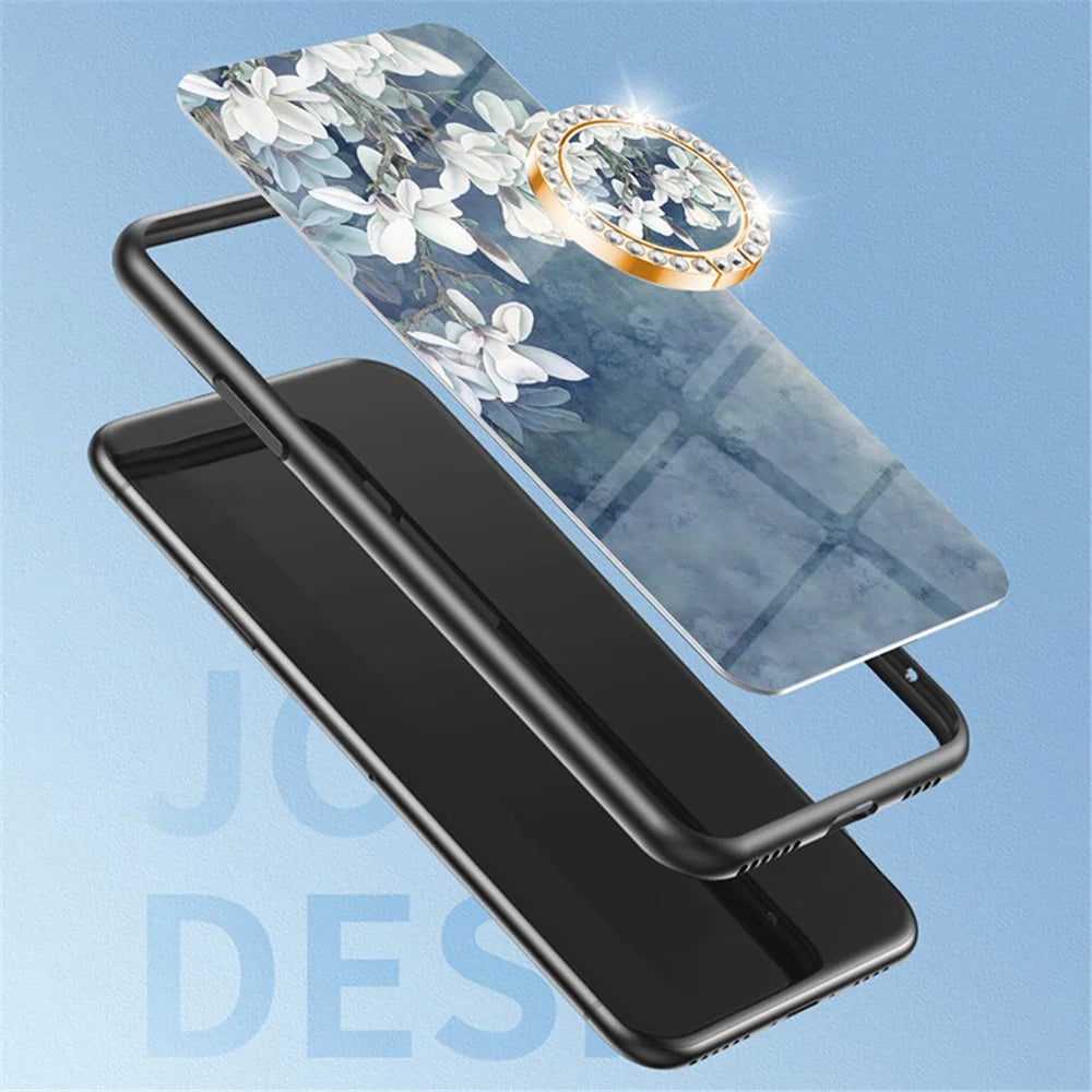 For Samsung Galaxy A55 5G Kickstand Case Flower Pattern Tempered Glass Cover - Glamorous Peony - 6