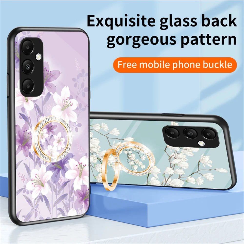For Samsung Galaxy A55 5G Kickstand Case Flower Pattern Tempered Glass Cover - Glamorous Peony - 7