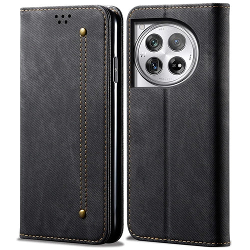 For OnePlus Ace 3 5G / 12R 5G Wallet Phone Case PU Leather Cover Jeans Cloth Texture - Black - 1