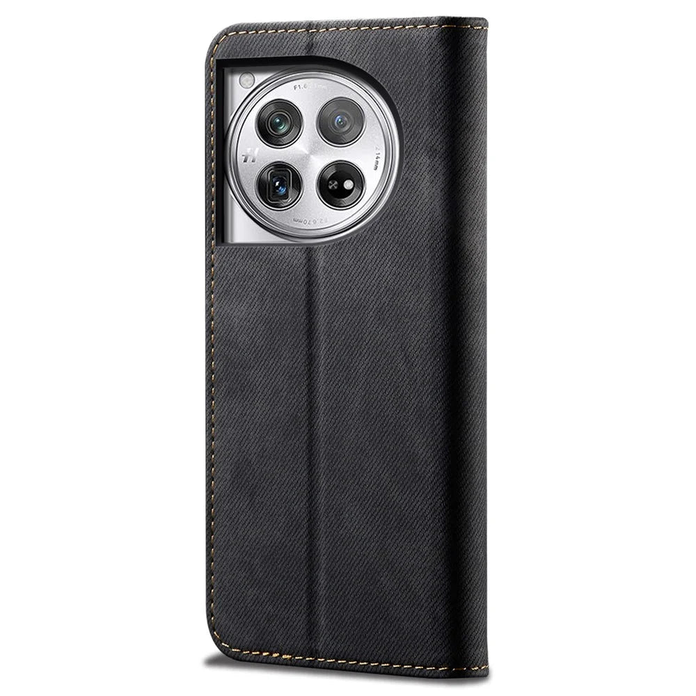 For OnePlus Ace 3 5G / 12R 5G Wallet Phone Case PU Leather Cover Jeans Cloth Texture - Black - 6