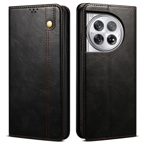 For OnePlus Ace 3 5G / 12R 5G Case Waxy Crazy Horse Texture PU Leather Cover Phone Wallet - Black - 1