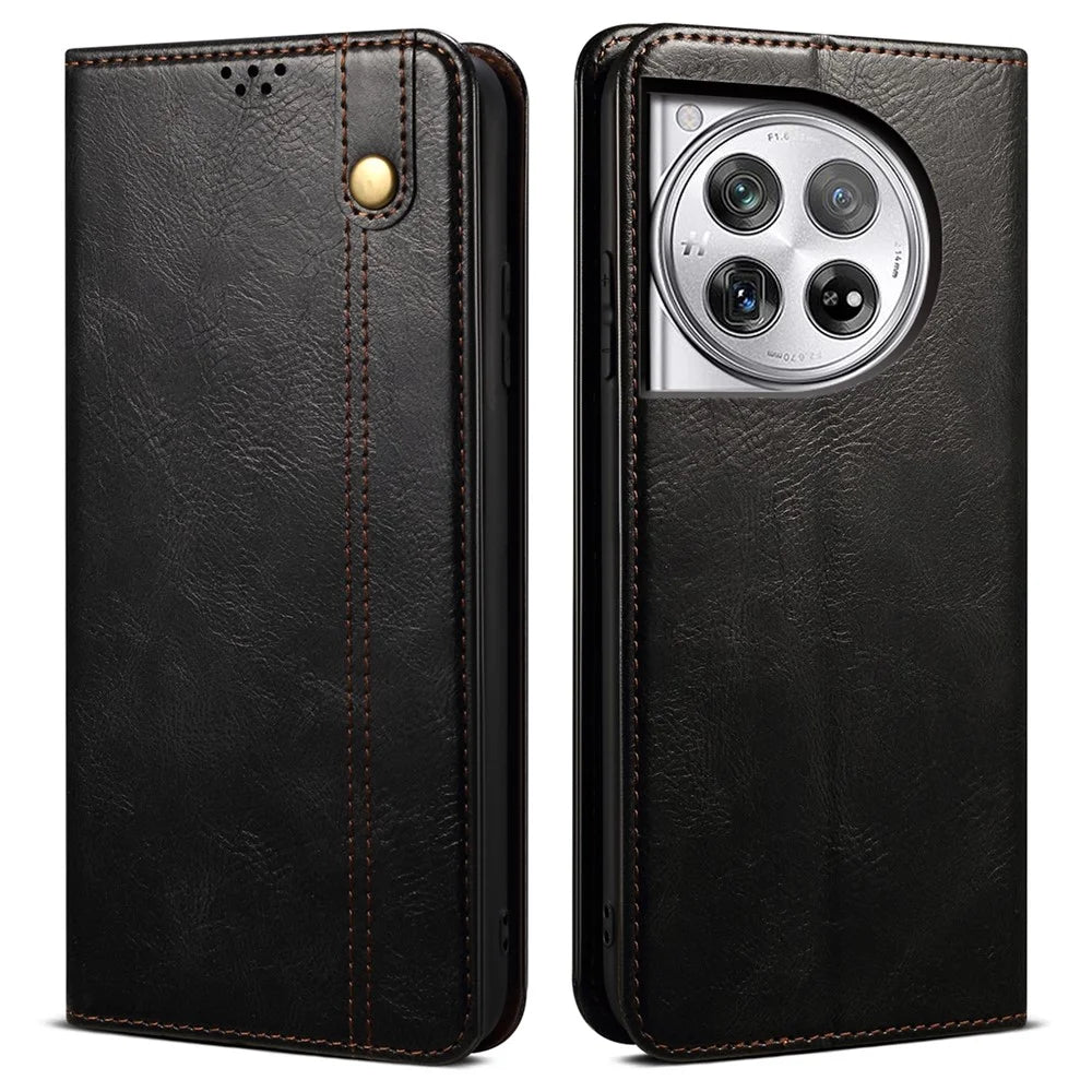 For OnePlus Ace 3 5G / 12R 5G Case Waxy Crazy Horse Texture PU Leather Cover Phone Wallet - Black - 1