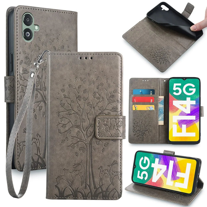 For Samsung Galaxy F14 5G Case Imprinted Deer Tree Pattern Protective Cover with Wrist Strap - Grey - 1