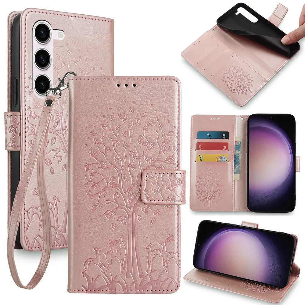 For Samsung Galaxy S23 Phone Case Imprinted Deer Tree Pattern 3 Card Slots Anti-drop Cover - Rose Gold - 1