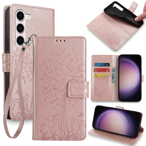 For Samsung Galaxy S23 Phone Case Imprinted Deer Tree Pattern 3 Card Slots Anti-drop Cover - Rose Gold - 1