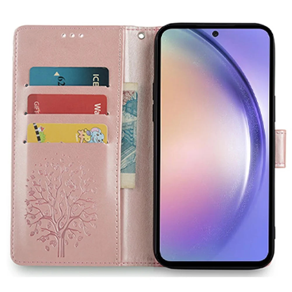 For Samsung Galaxy S23 Phone Case Imprinted Deer Tree Pattern 3 Card Slots Anti-drop Cover - Rose Gold - 2