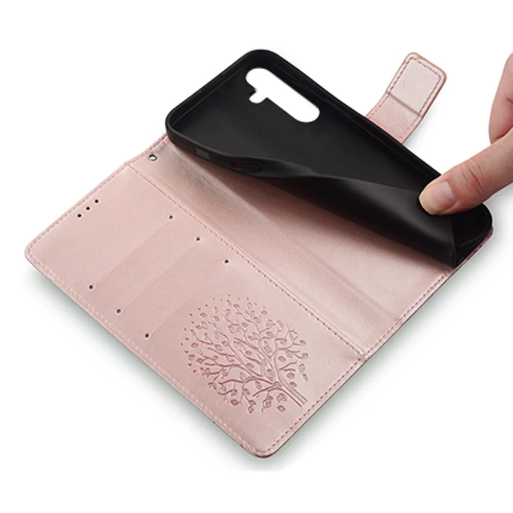 For Samsung Galaxy S23 Phone Case Imprinted Deer Tree Pattern 3 Card Slots Anti-drop Cover - Rose Gold - 4
