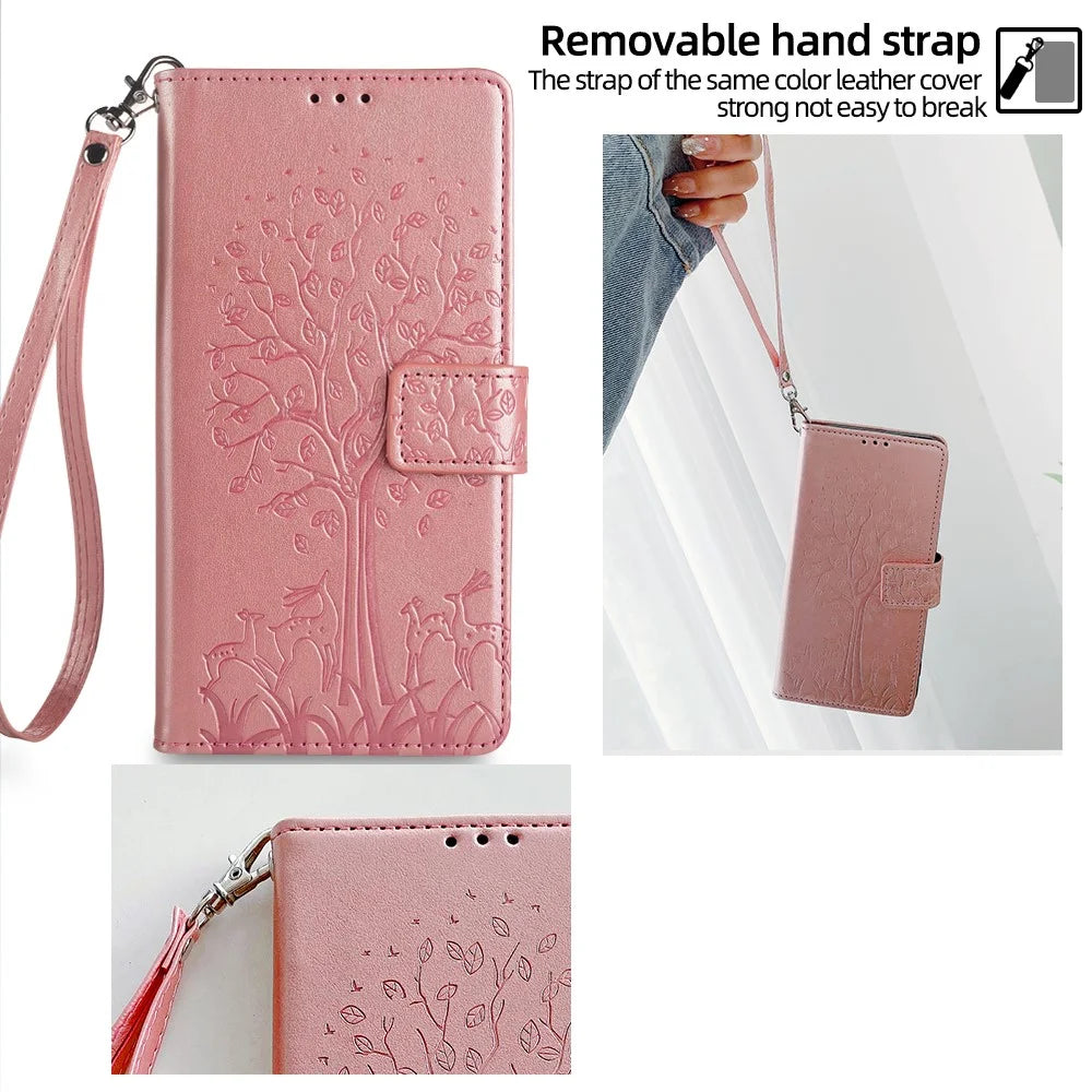 For Samsung Galaxy S23 Phone Case Imprinted Deer Tree Pattern 3 Card Slots Anti-drop Cover - Rose Gold - 5