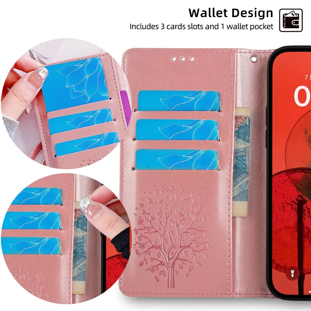 For Samsung Galaxy S23 Phone Case Imprinted Deer Tree Pattern 3 Card Slots Anti-drop Cover - Rose Gold - 6