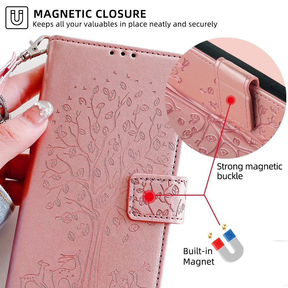 For Samsung Galaxy S23 Phone Case Imprinted Deer Tree Pattern 3 Card Slots Anti-drop Cover - Rose Gold - 7