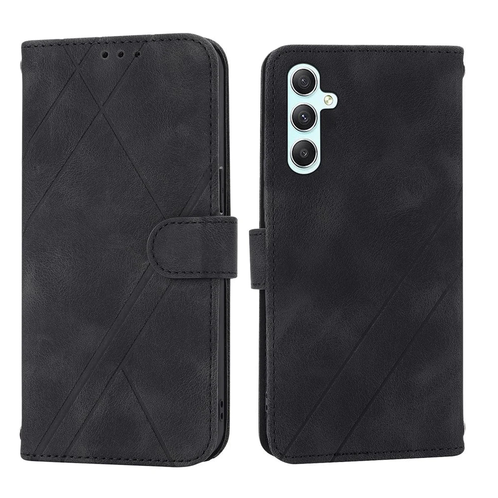 For Samsung Galaxy S24 Case Imprinted Line Wallet Phone Cover with Handy Strap - Black - 1