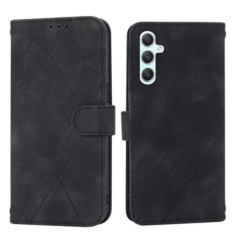 For Samsung Galaxy S24 Case Imprinted Line Wallet Phone Cover with Handy Strap - Black - 1