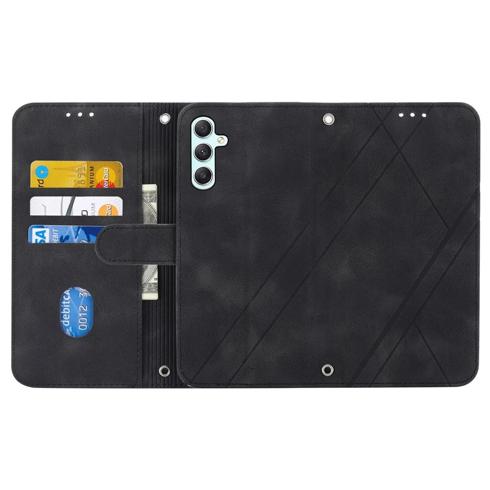 For Samsung Galaxy S24 Case Imprinted Line Wallet Phone Cover with Handy Strap - Black - 2