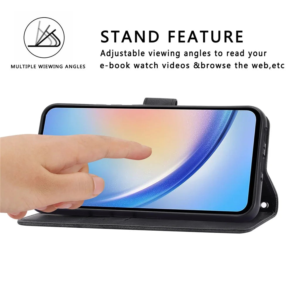 For Samsung Galaxy S24 Case Imprinted Line Wallet Phone Cover with Handy Strap - Black - 3