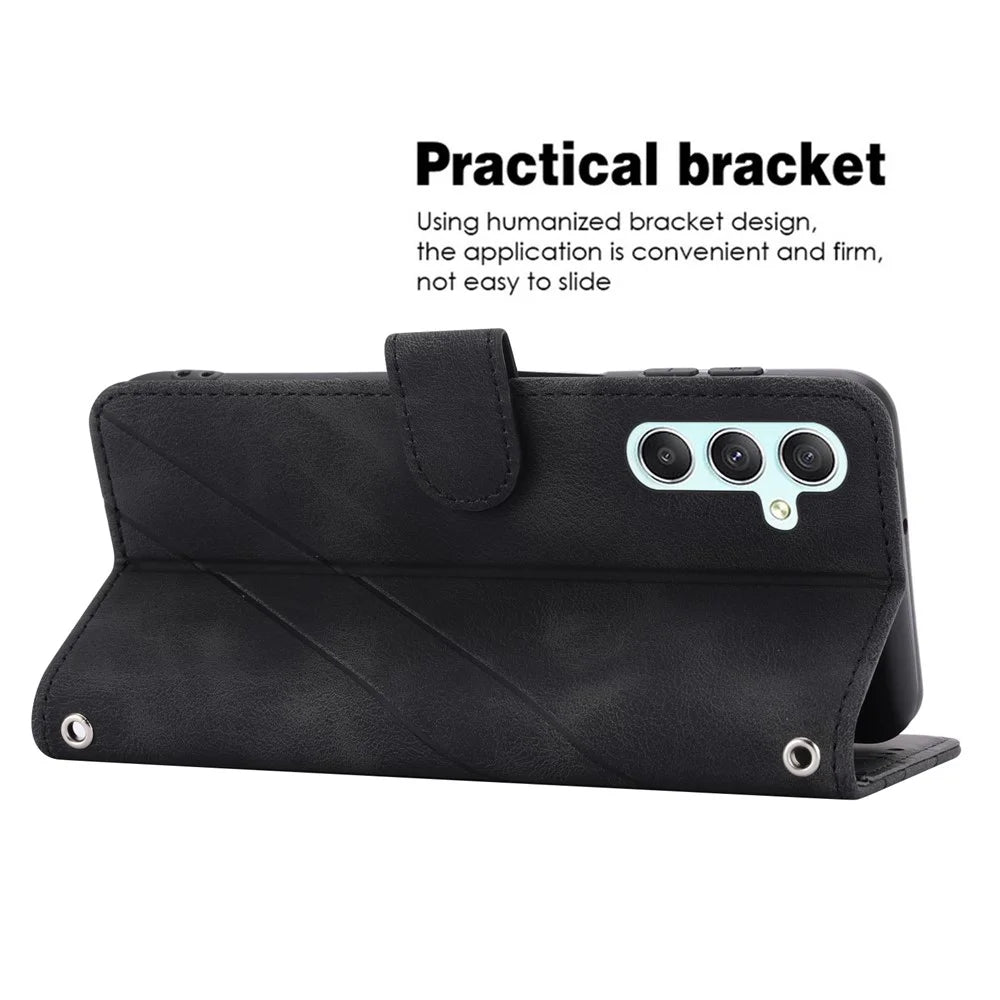 For Samsung Galaxy S24 Case Imprinted Line Wallet Phone Cover with Handy Strap - Black - 4