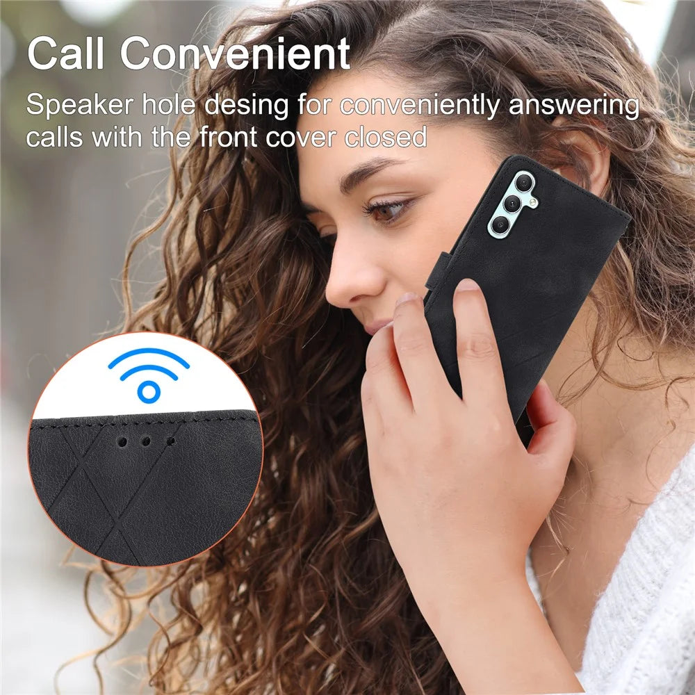 For Samsung Galaxy S24 Case Imprinted Line Wallet Phone Cover with Handy Strap - Black - 5