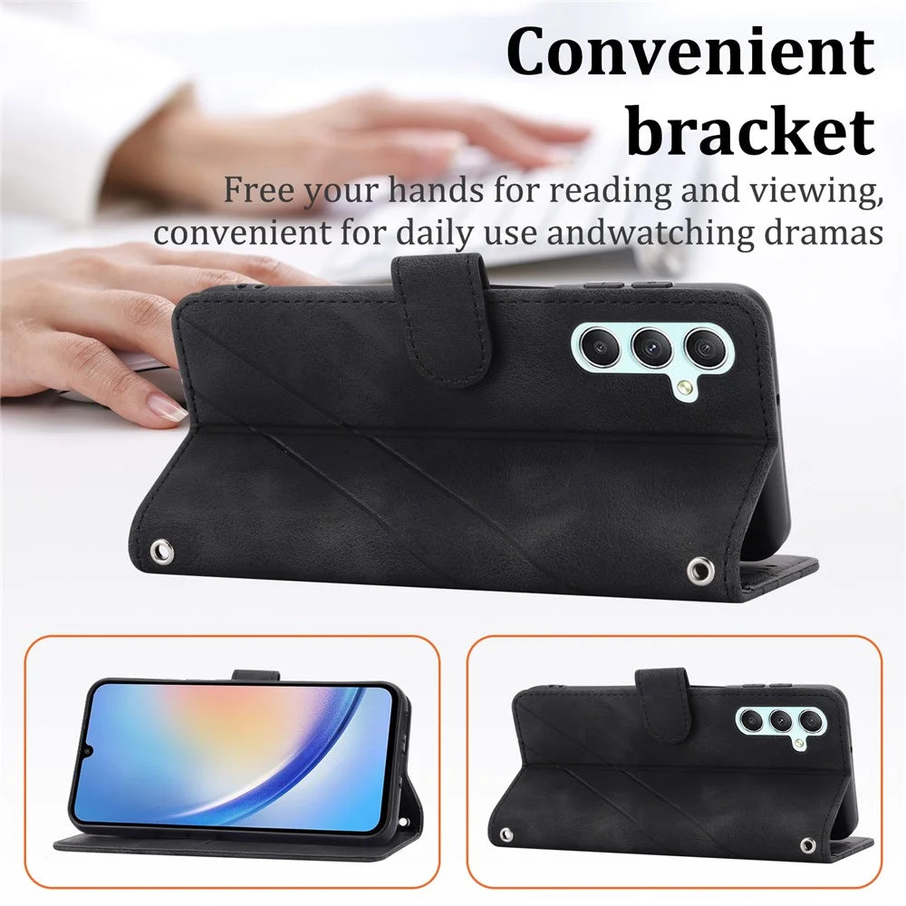 For Samsung Galaxy S24 Case Imprinted Line Wallet Phone Cover with Handy Strap - Black - 6