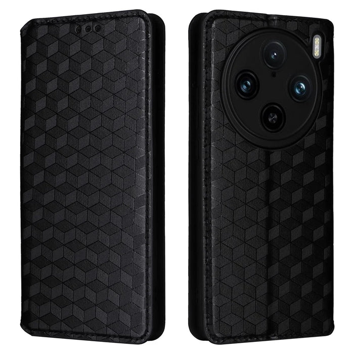 For vivo X100 Pro 5G Case Magnetic Closure Wallet Phone Protector Rhombus Pattern - Black - 1