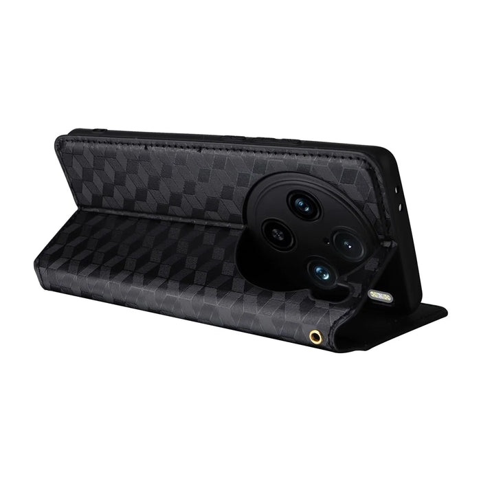 For vivo X100 Pro 5G Case Magnetic Closure Wallet Phone Protector Rhombus Pattern - Black - 4