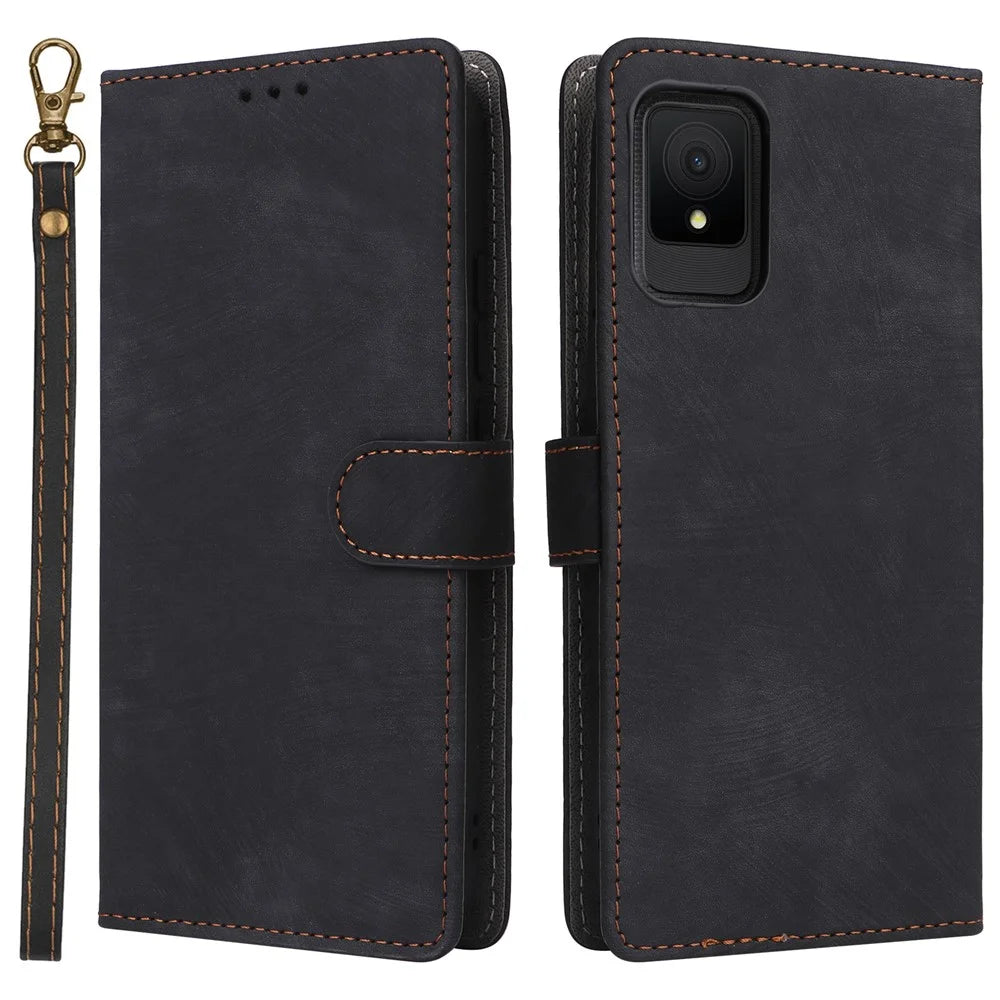 For TCL 502 Case RFID Blocking Drop-proof Wallet Phone Cover with Handy Strap - Black - 1