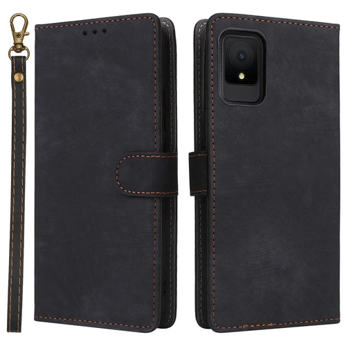 For TCL 502 Case RFID Blocking Drop-proof Wallet Phone Cover with Handy Strap - Black - 1