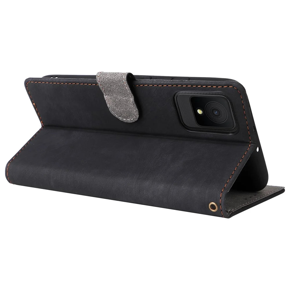 For TCL 502 Case RFID Blocking Drop-proof Wallet Phone Cover with Handy Strap - Black - 4