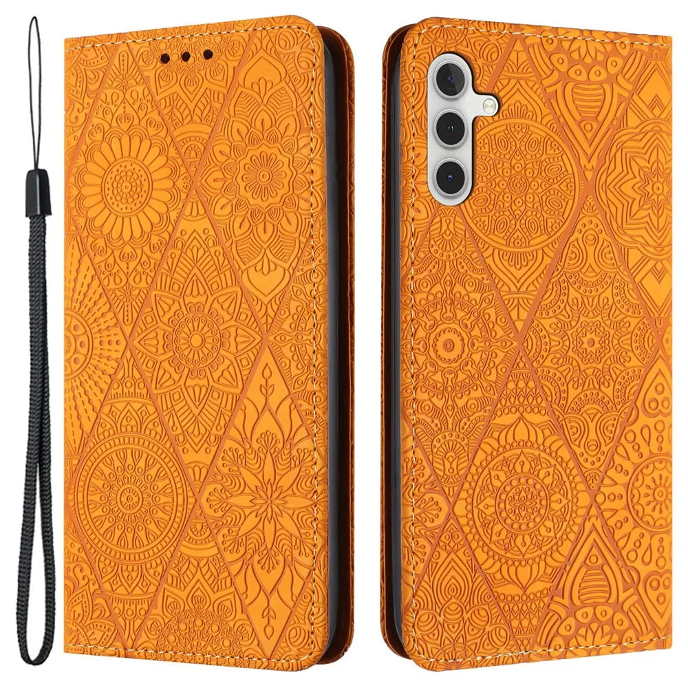 For Samsung Galaxy A25 5G (Global) (161.0 x 76.5 x 8.3mm) Magnetic Case Imprinted Leather Stand Cover - Yellow - 1