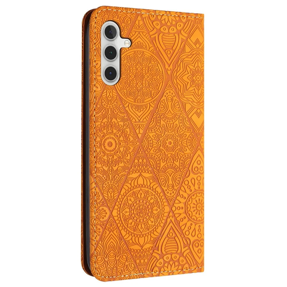 For Samsung Galaxy A25 5G (Global) (161.0 x 76.5 x 8.3mm) Magnetic Case Imprinted Leather Stand Cover - Yellow - 7
