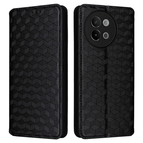 For vivo S18e 5G Leather Case Magnetic Closure Phone Cover Rhombus Pattern - Black - 1