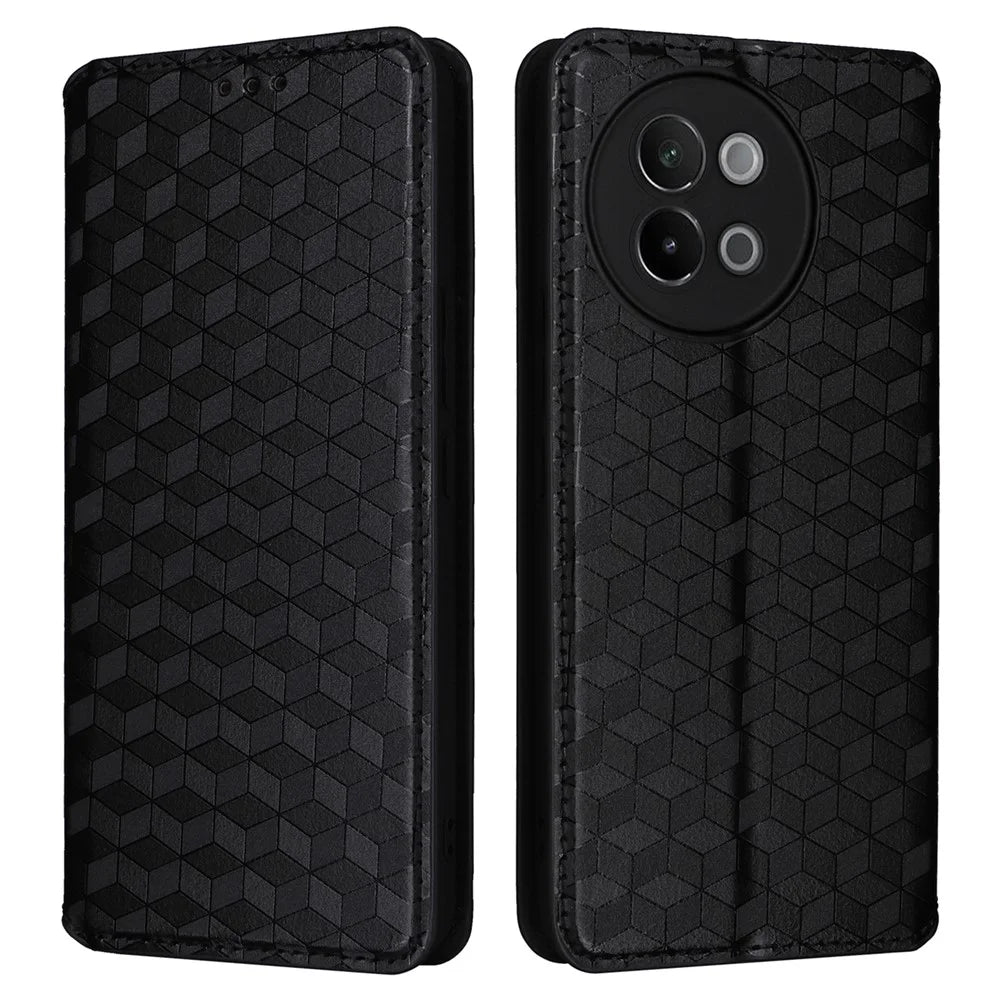 For vivo S18e 5G Leather Case Magnetic Closure Phone Cover Rhombus Pattern - Black - 1