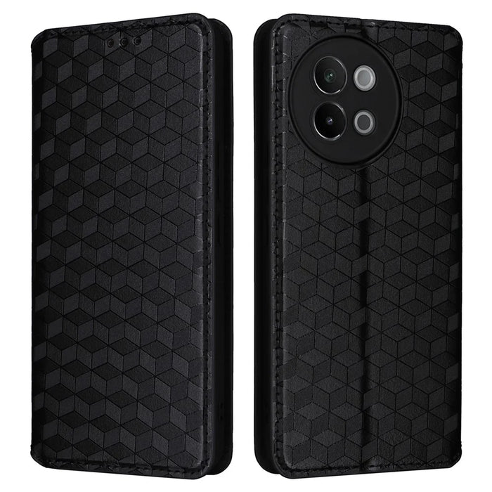 For vivo S18e 5G Leather Case Magnetic Closure Phone Cover Rhombus Pattern - Black - 1