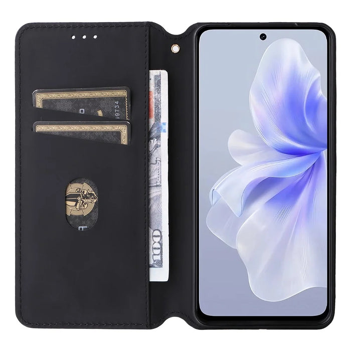 For vivo S18e 5G Leather Case Magnetic Closure Phone Cover Rhombus Pattern - Black - 2
